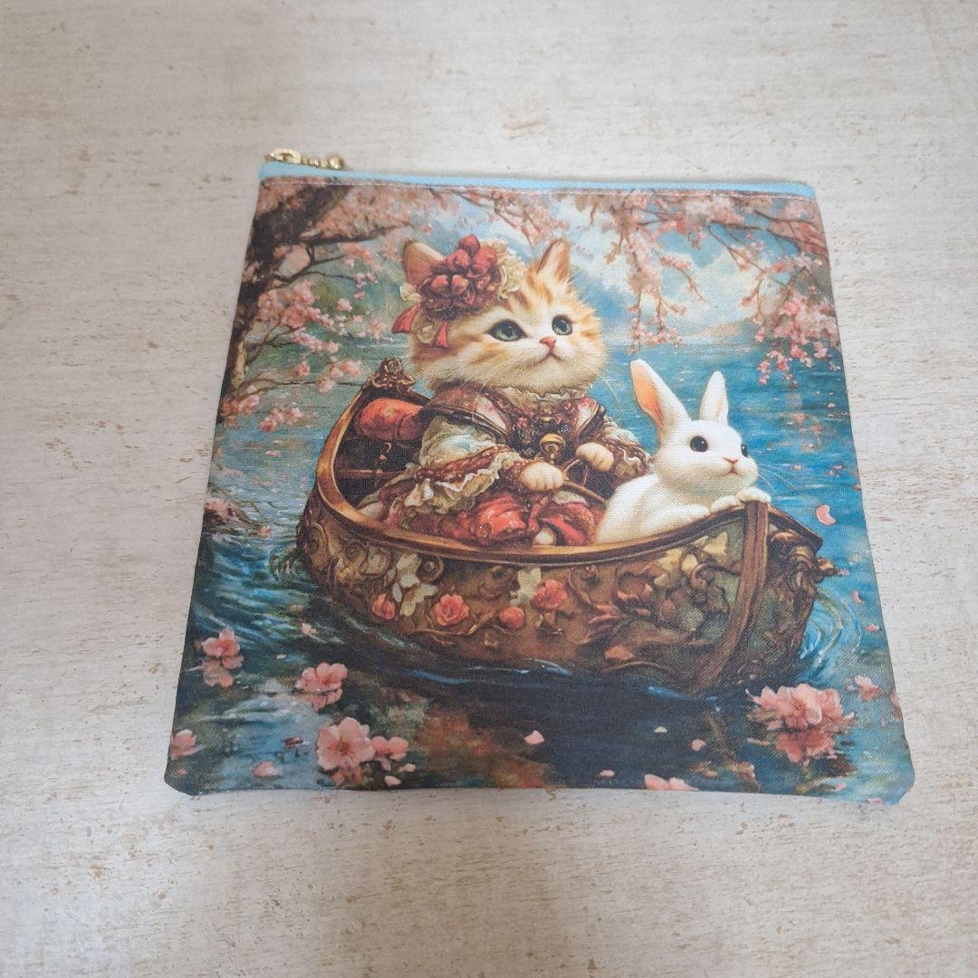 ねこちゃんパネル生地　ハンドメイド　まちなしバッグ　フラットポーチ