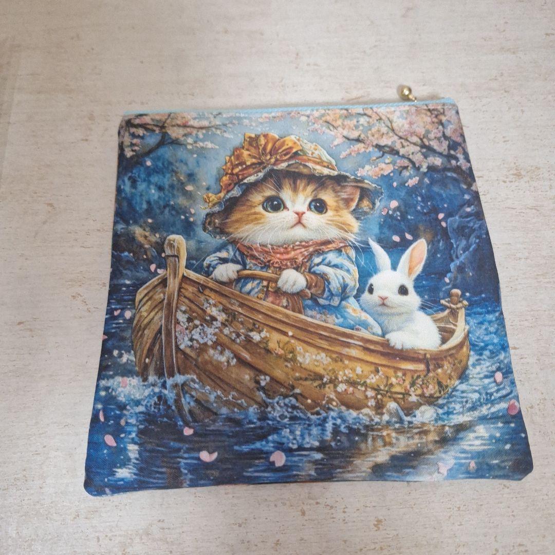 ねこちゃんパネル生地　ハンドメイド　まちなしバッグ　フラットポーチ