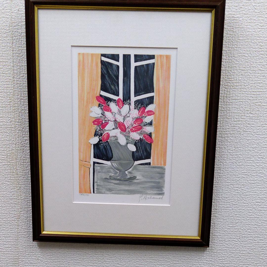 版画　立て　特寸法　赤と白色の花　額装仕上げ品