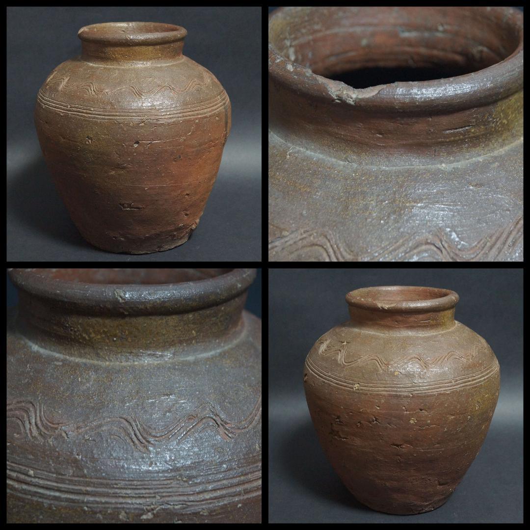 古備前 波状文壺 種壺 花器/花瓶/花生/飾壷/古陶/焼物 重3.5kg 茶道具