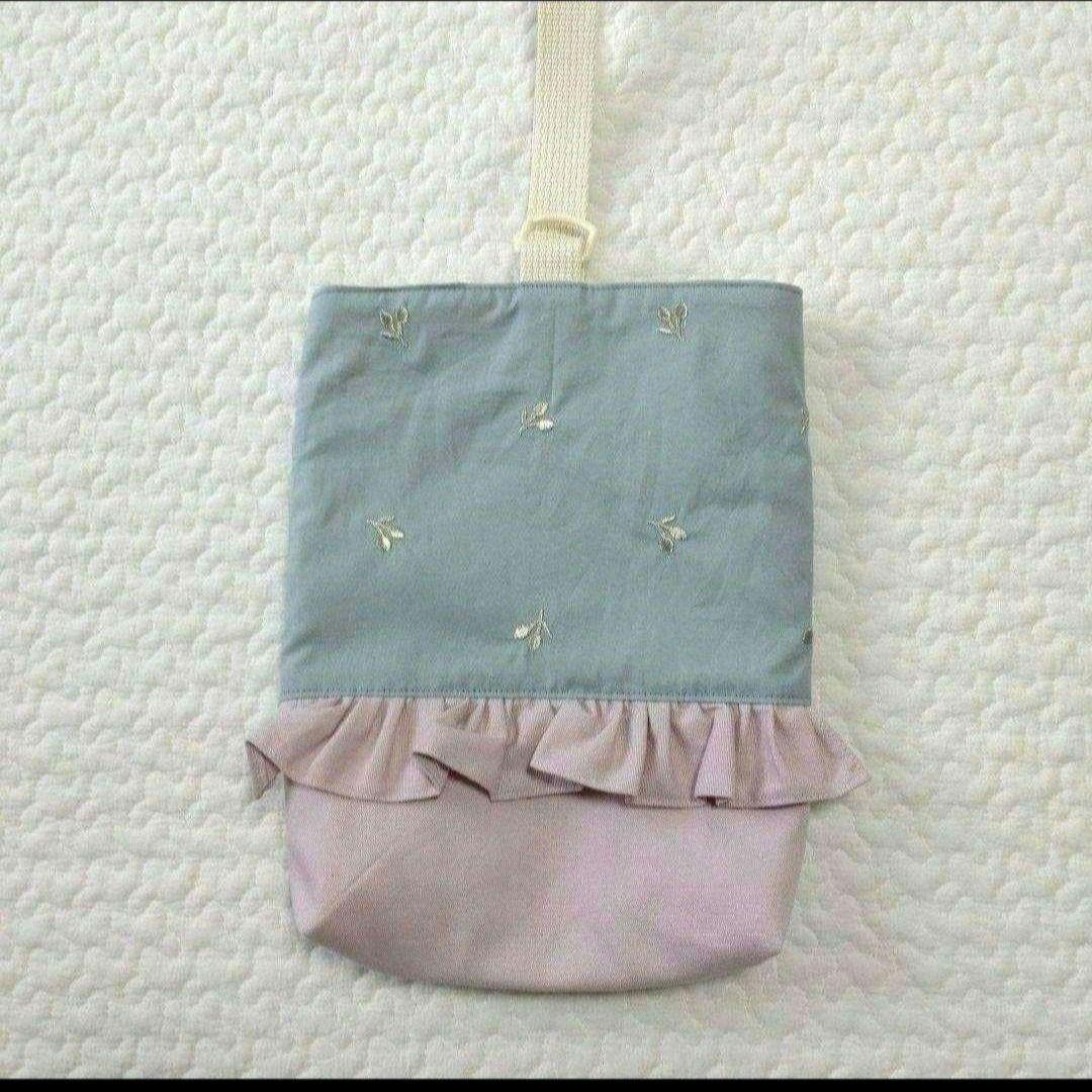 入園 入学 セット チェリー 刺繍 オールドブルー×くすみピンク フリル
