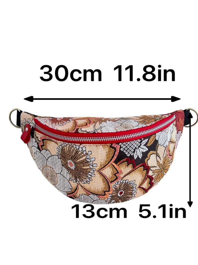 帯リメイク ボディバッグ　金糸の桜と大輪の花々が咲き誇る朱赤の装い