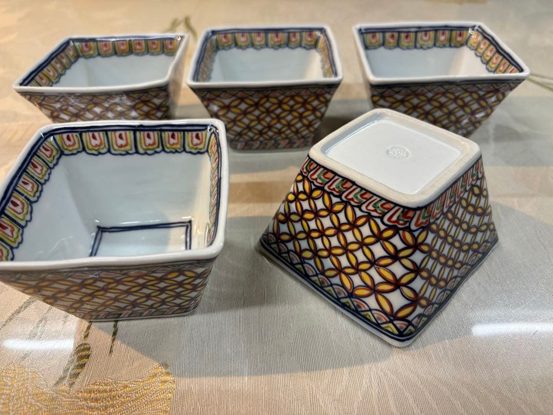 京焼清水焼 高木岩華作 七宝紋様角小鉢揃い（5個）