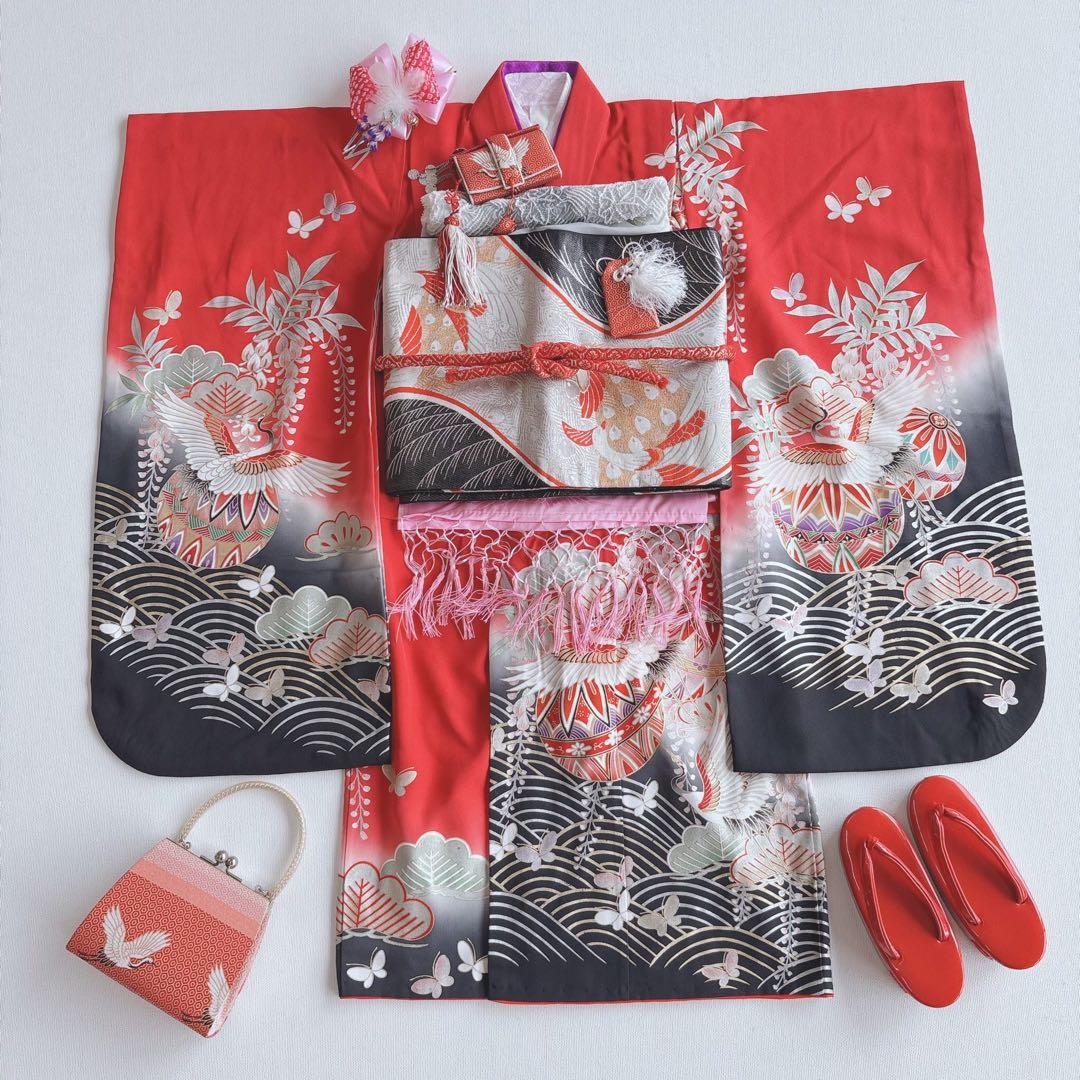 七五三　7歳女の子　フルセット　きもの　帯黒地　小物セット　簡単半襟　7280