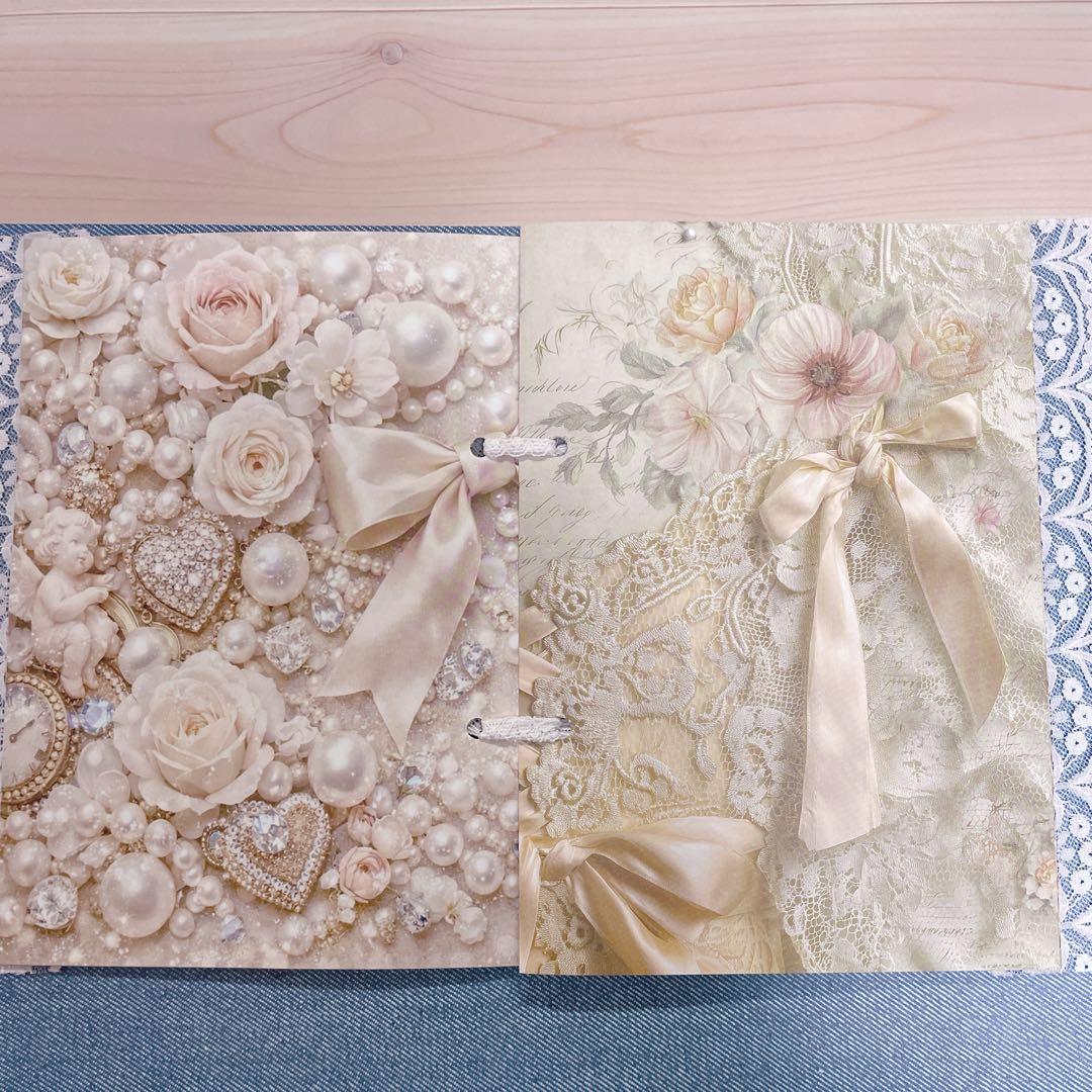 ヴィンテージ風花柄 ピンク リボン ローズ ロマンティック コラージュノート