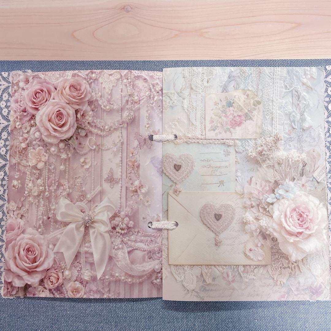 ヴィンテージ風花柄 ピンク リボン ローズ ロマンティック コラージュノート