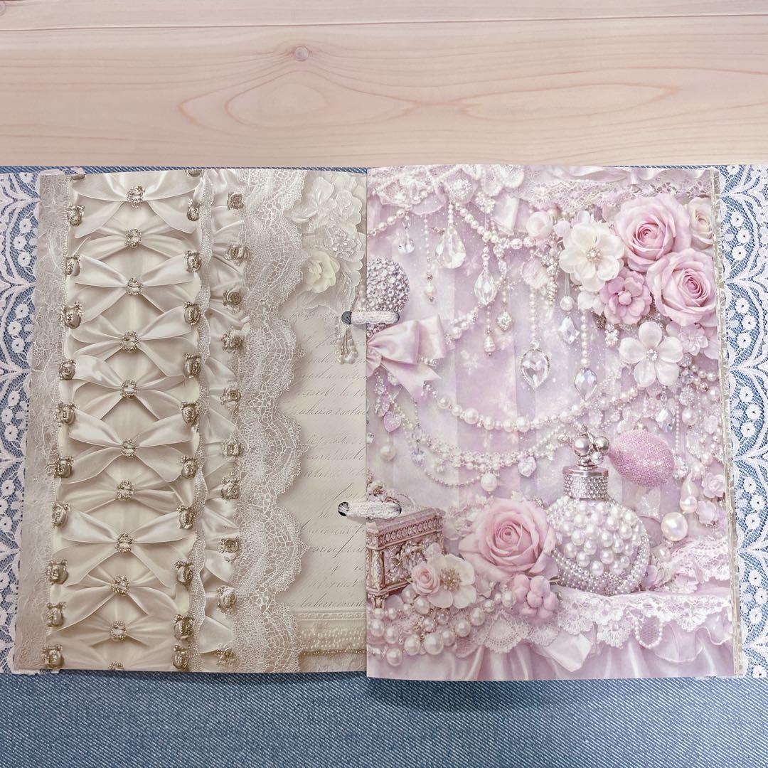 ヴィンテージ風花柄 ピンク リボン ローズ ロマンティック コラージュノート