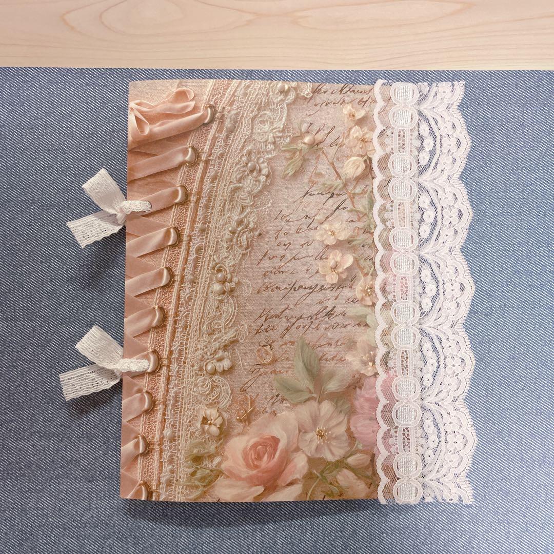 ヴィンテージ風花柄 ピンク リボン ローズ ロマンティック コラージュノート