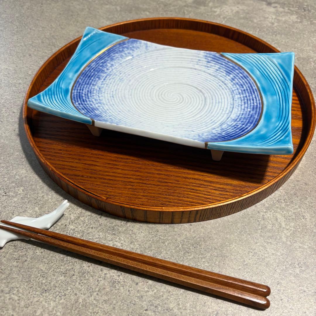 有田焼　波紋　足付き平皿　2枚セット　高台皿　料亭　和食器　水面　青　白　渦巻き