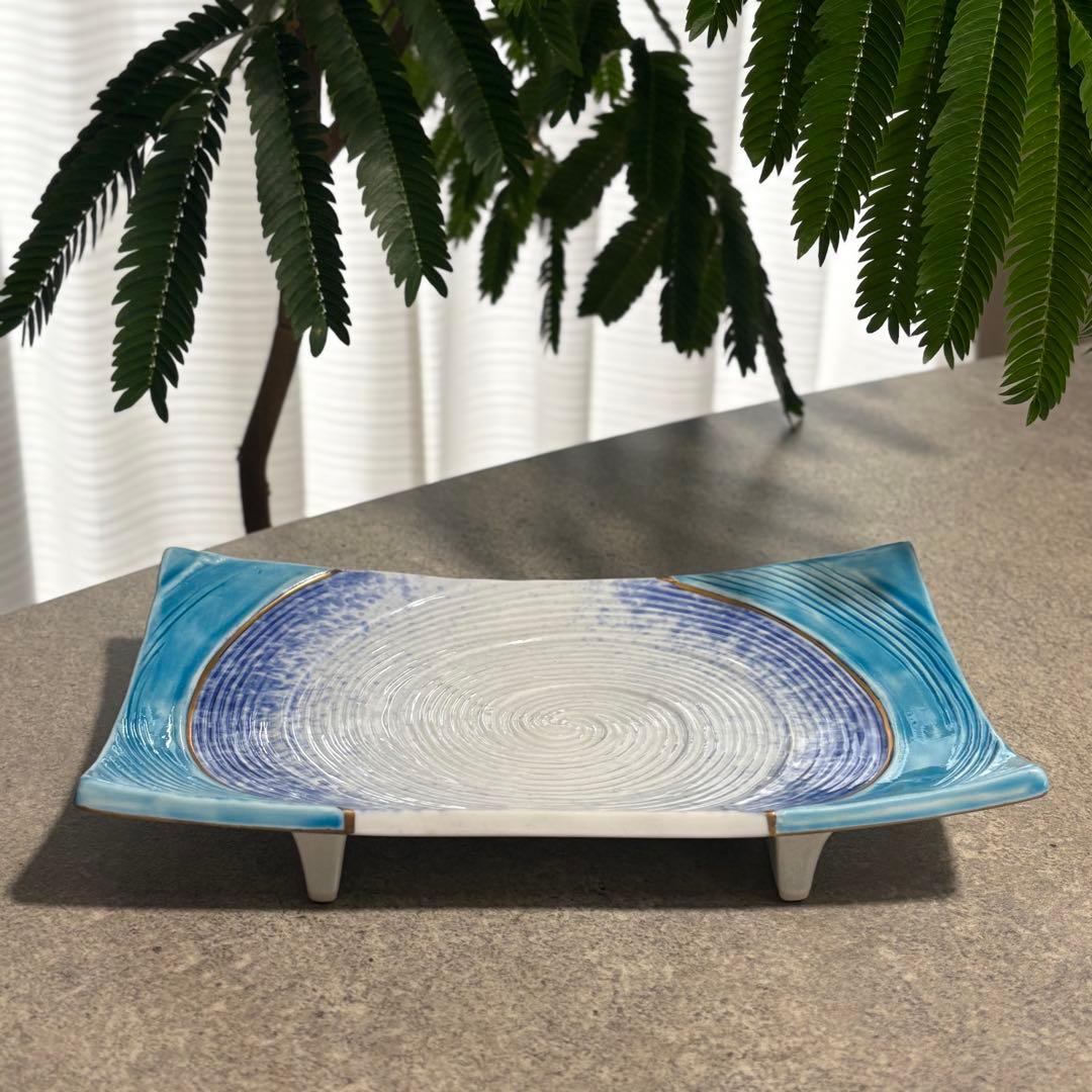 有田焼　波紋　足付き平皿　2枚セット　高台皿　料亭　和食器　水面　青　白　渦巻き