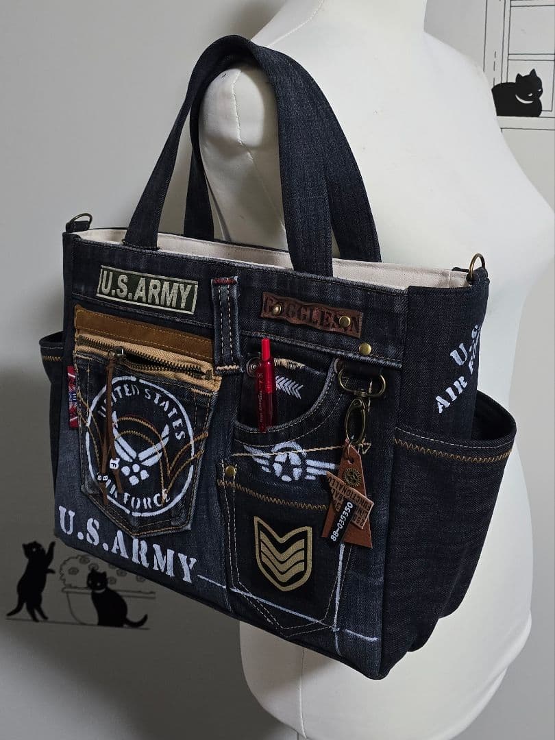 デニムリメイクバッグ 男前 大きめウェスタン調 AMRY 底板 ストラップ付き