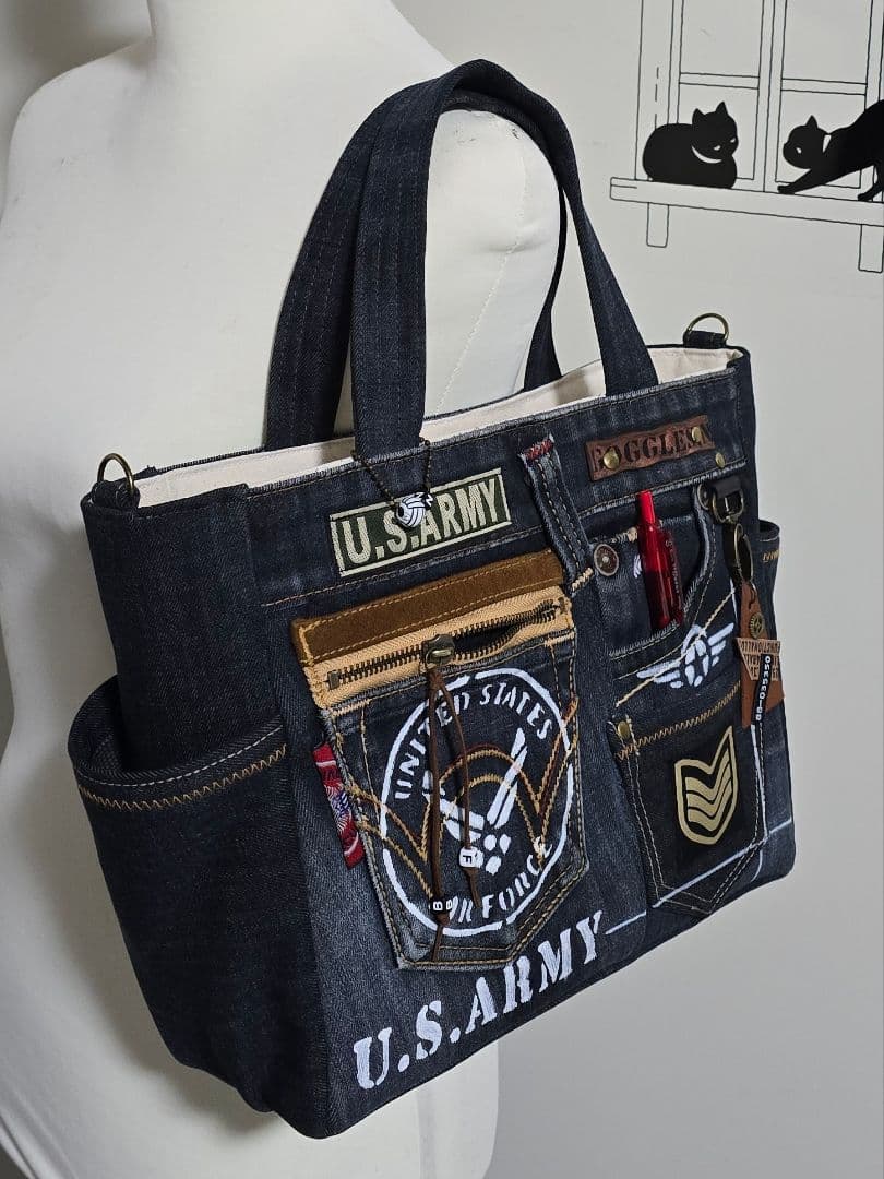 デニムリメイクバッグ 男前 大きめウェスタン調 AMRY 底板 ストラップ付き