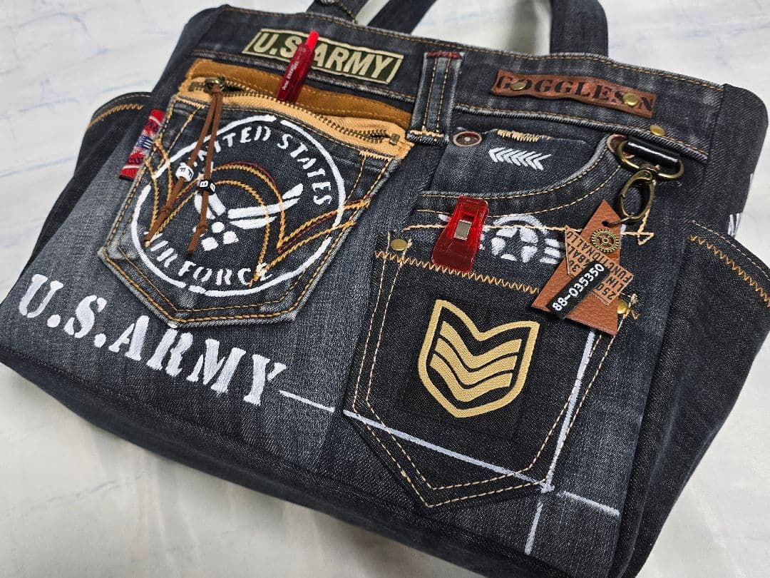 デニムリメイクバッグ 男前 大きめウェスタン調 AMRY 底板 ストラップ付き