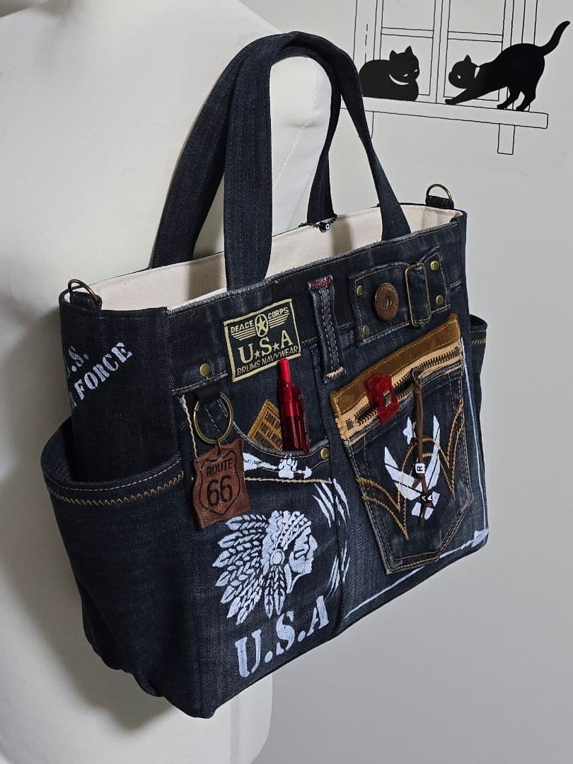 デニムリメイクバッグ 男前 大きめウェスタン調 AMRY 底板 ストラップ付き