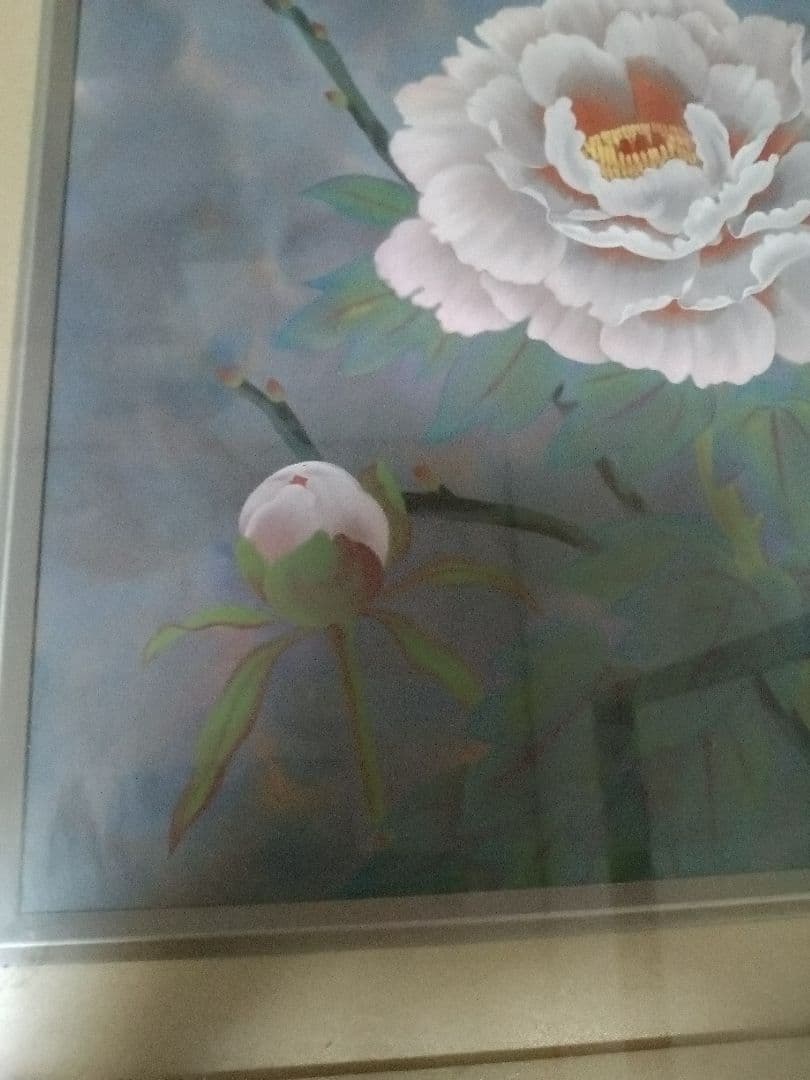 58万円☆　村田秀峰　牡丹の絵画 青背景 金属フレーム　薔薇　石楠花