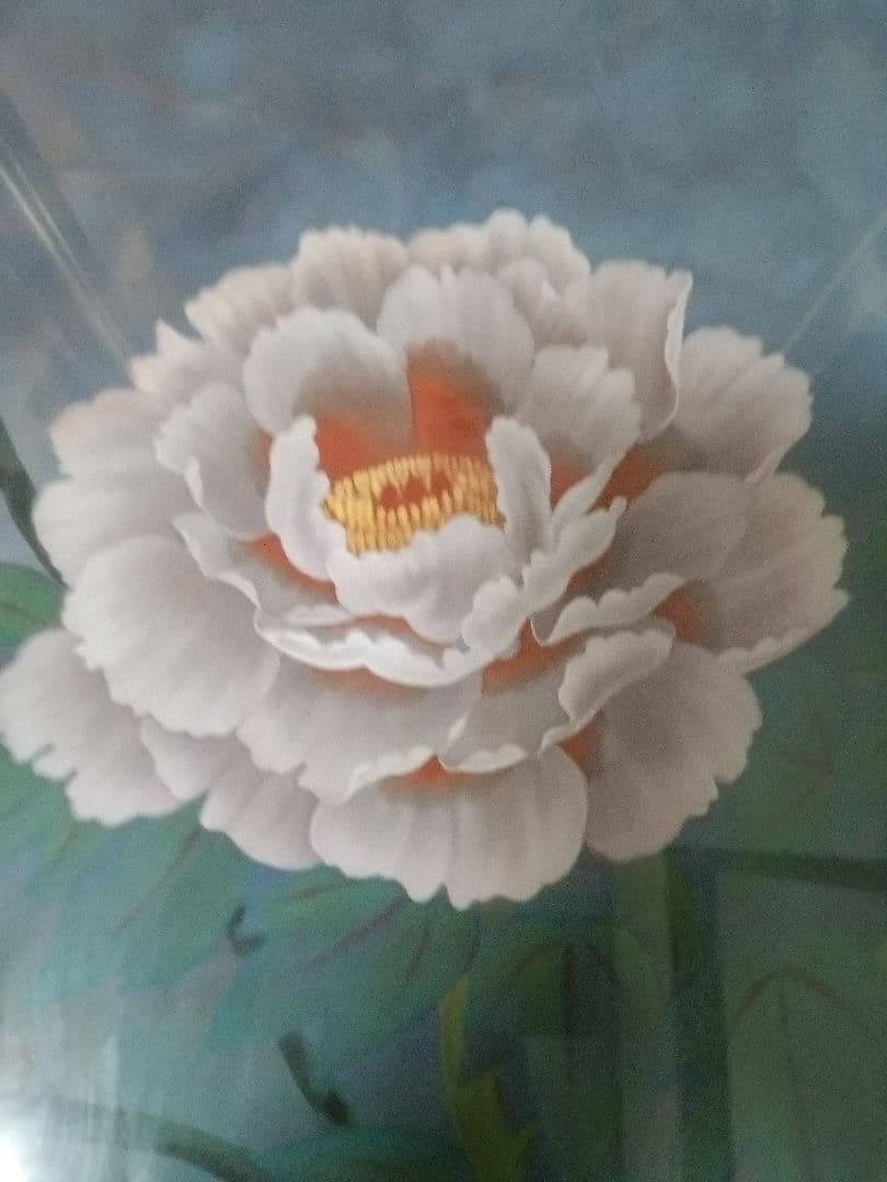 58万円☆　村田秀峰　牡丹の絵画 青背景 金属フレーム　薔薇　石楠花