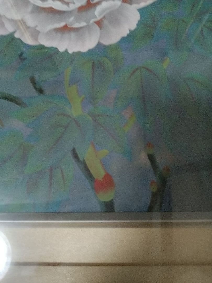 58万円☆　村田秀峰　牡丹の絵画 青背景 金属フレーム　薔薇　石楠花