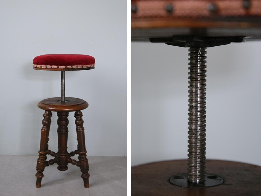 フランスアンティーク古木ピアノスツール/木製チェア/演奏用回転イス(92-150