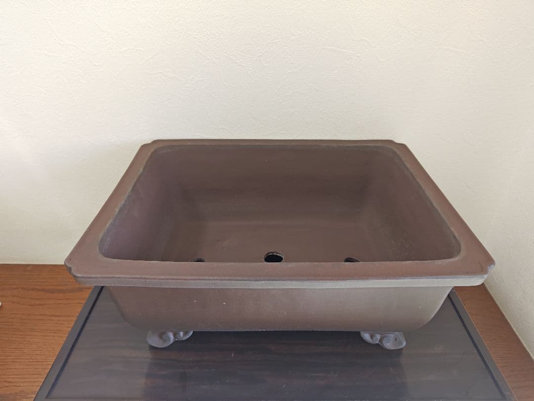 陶器製長方形盆栽鉢 ブラウン 約47cm×36cm×19.5cm　落款　太山