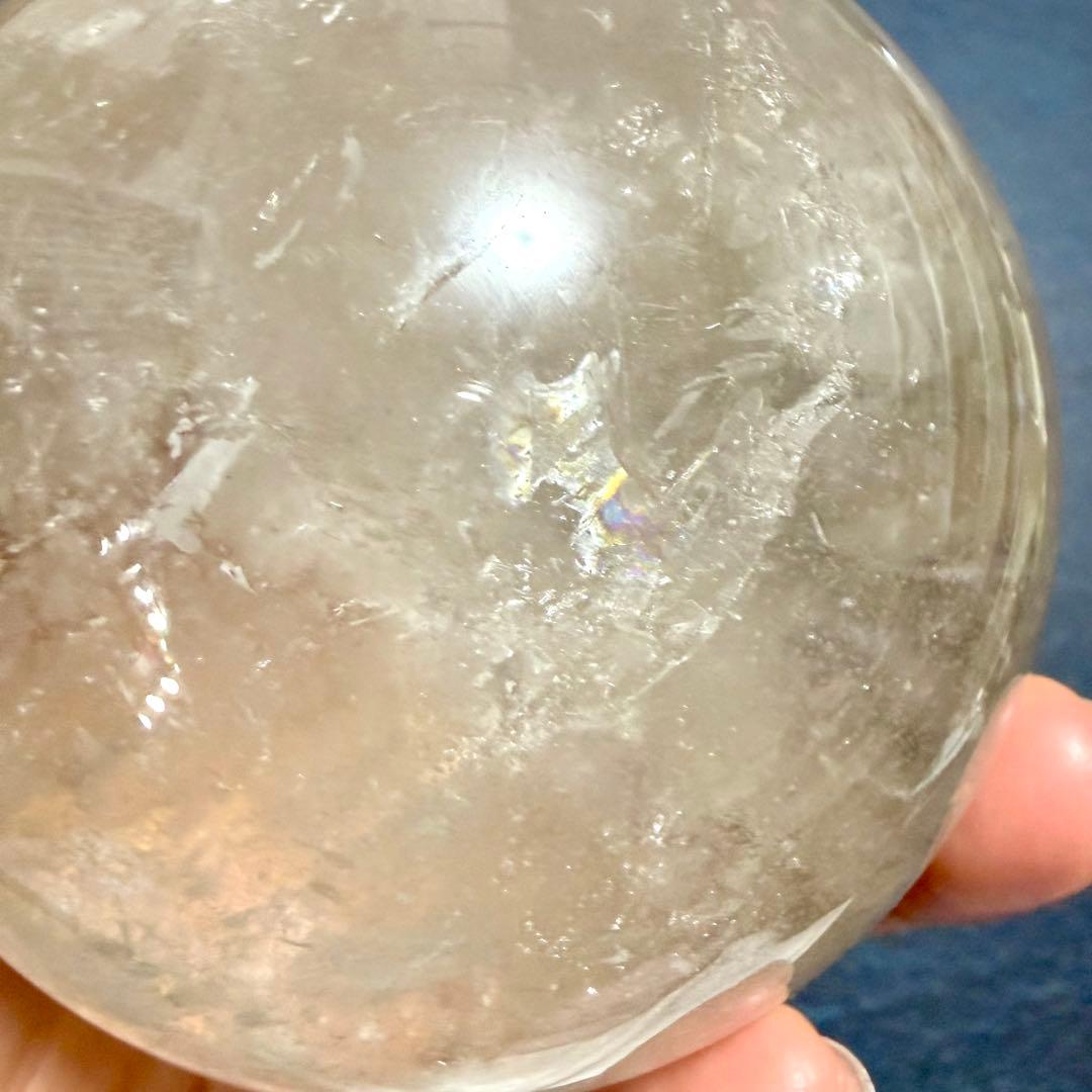 ◆約86mm 大玉！水晶スフィア 天然石鉱物スモーキークォーツ六条模様内包物