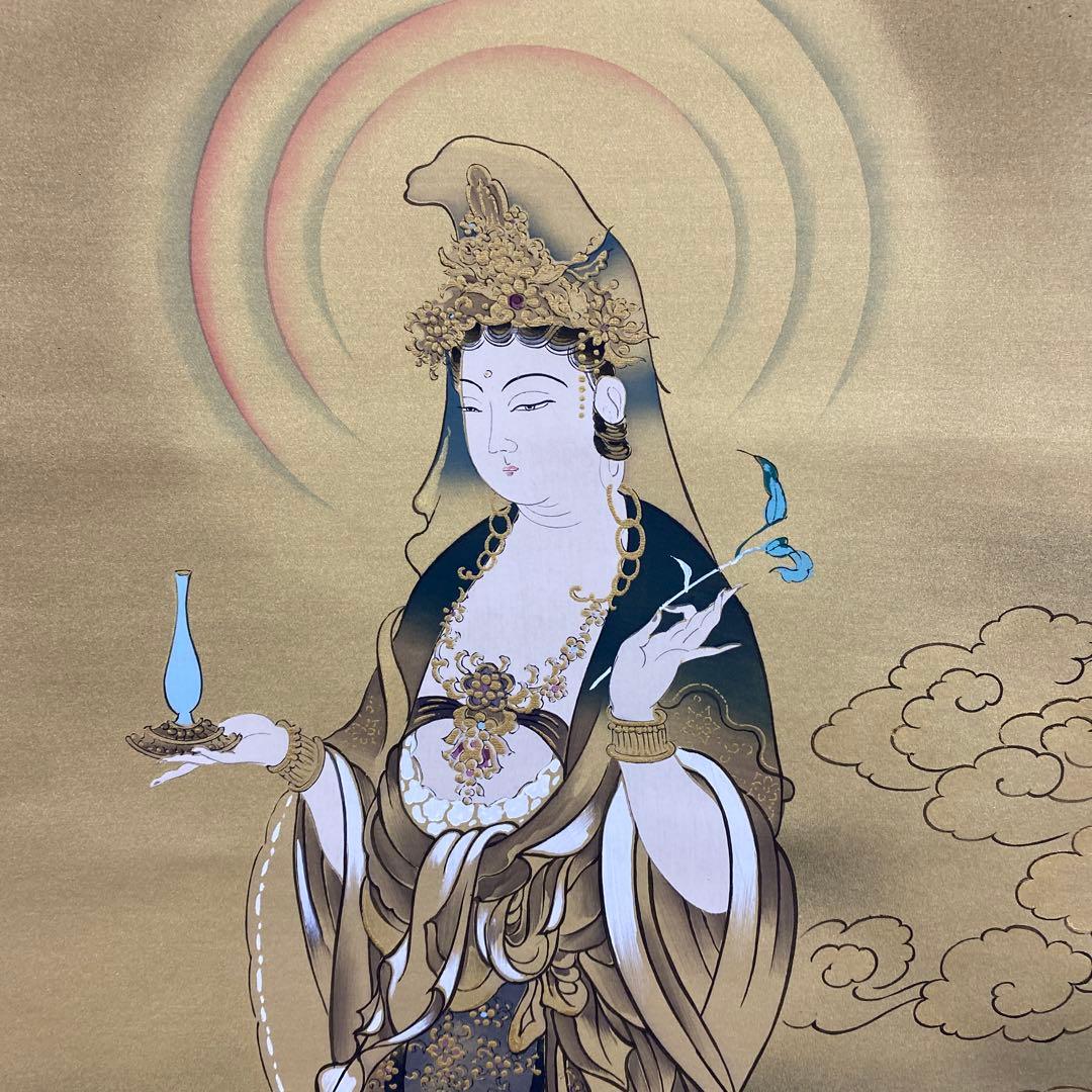 美品 掛け軸 福田素仙作 金地 観音像 共箱 仏教美術 仏画 年中掛け