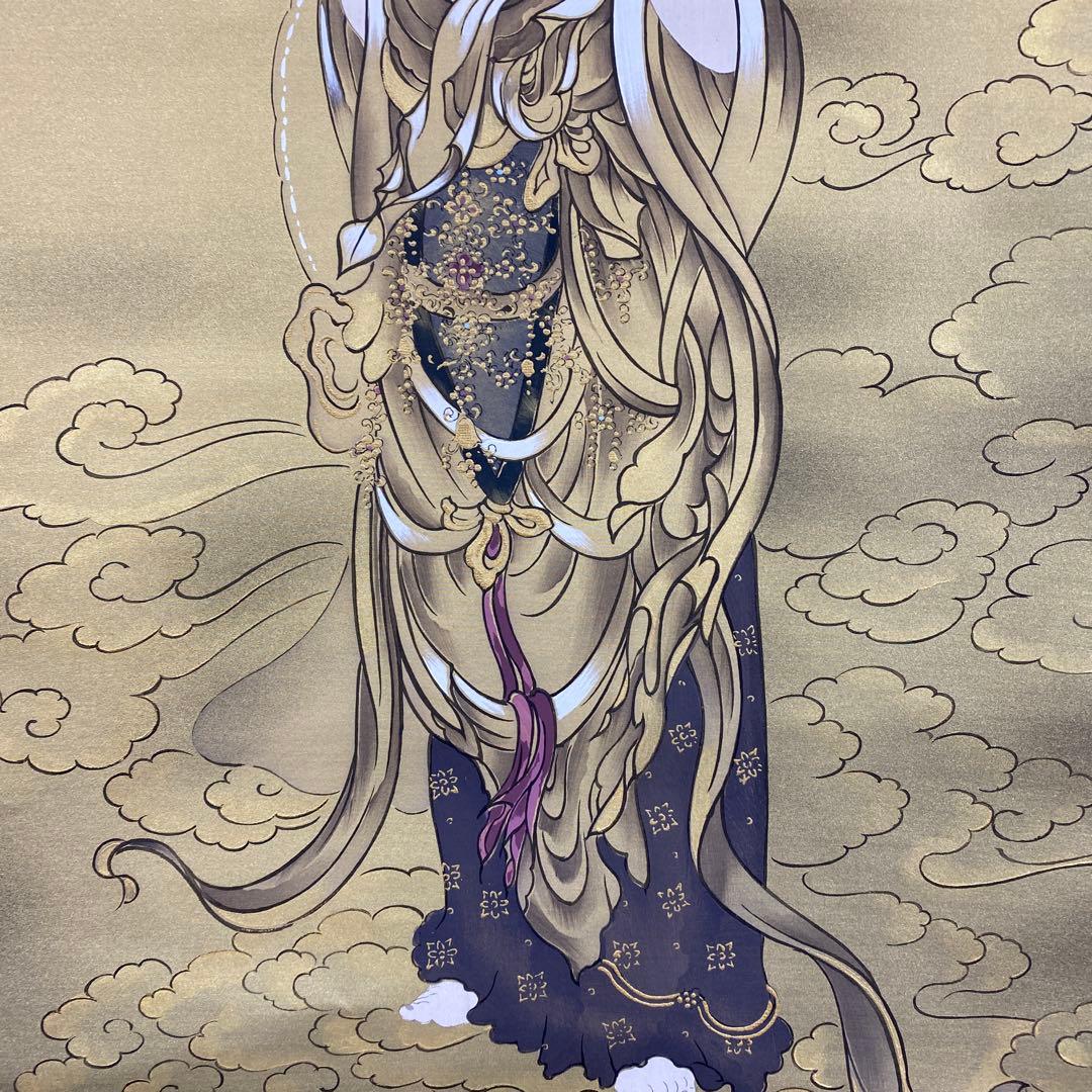 美品 掛け軸 福田素仙作 金地 観音像 共箱 仏教美術 仏画 年中掛け