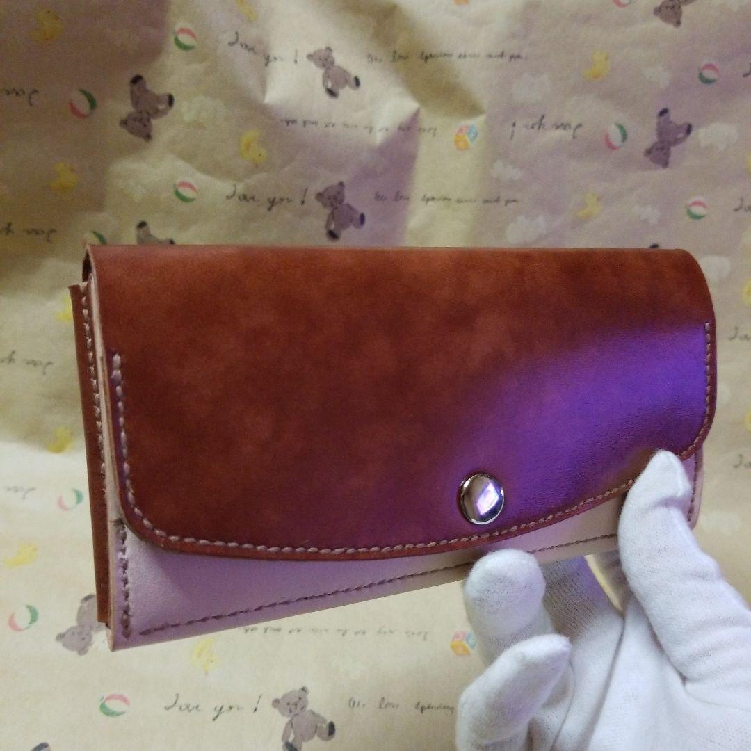 牛革　ブラウン系✖️ヌメ革　コンパクト長財布　ハンドメイド長財布