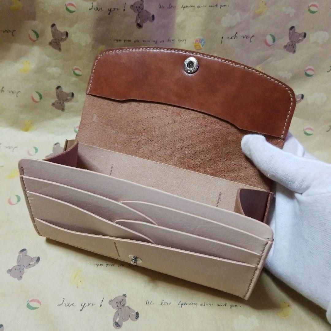 牛革　ブラウン系✖️ヌメ革　コンパクト長財布　ハンドメイド長財布