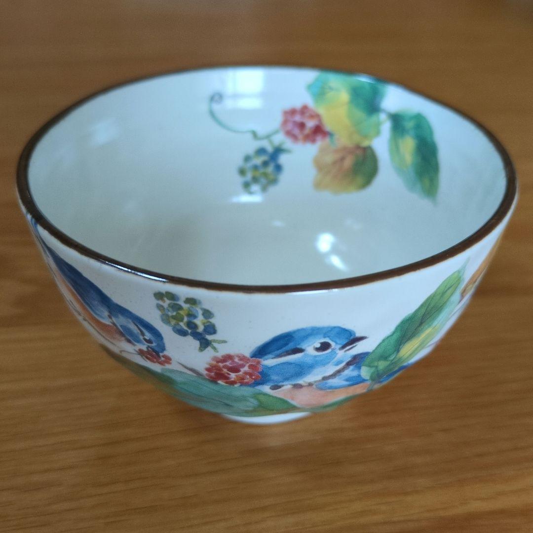 【未使用】セラミック藍 百千鳥 飯碗揃 茶碗 5客 野鳥／シマエナガ／食器