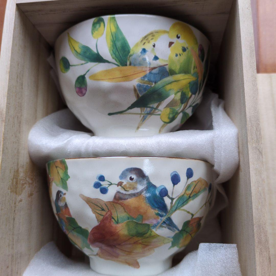 【未使用】セラミック藍 百千鳥 飯碗揃 茶碗 5客 野鳥／シマエナガ／食器