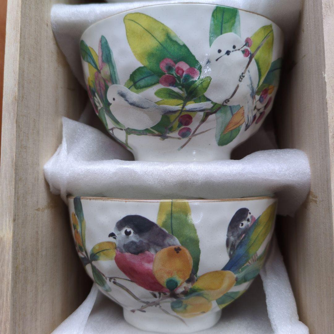 【未使用】セラミック藍 百千鳥 飯碗揃 茶碗 5客 野鳥／シマエナガ／食器