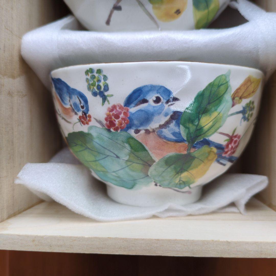 【未使用】セラミック藍 百千鳥 飯碗揃 茶碗 5客 野鳥／シマエナガ／食器