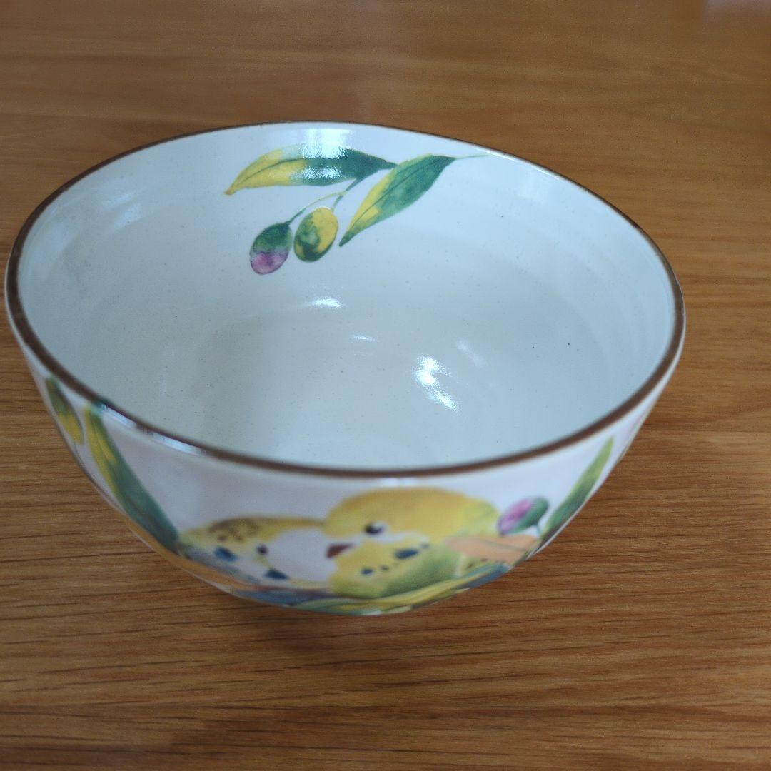 【未使用】セラミック藍 百千鳥 飯碗揃 茶碗 5客 野鳥／シマエナガ／食器