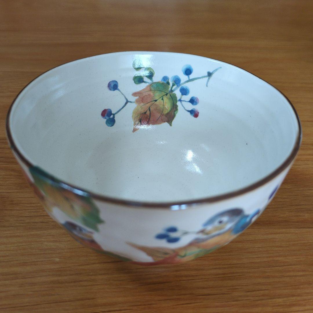 【未使用】セラミック藍 百千鳥 飯碗揃 茶碗 5客 野鳥／シマエナガ／食器