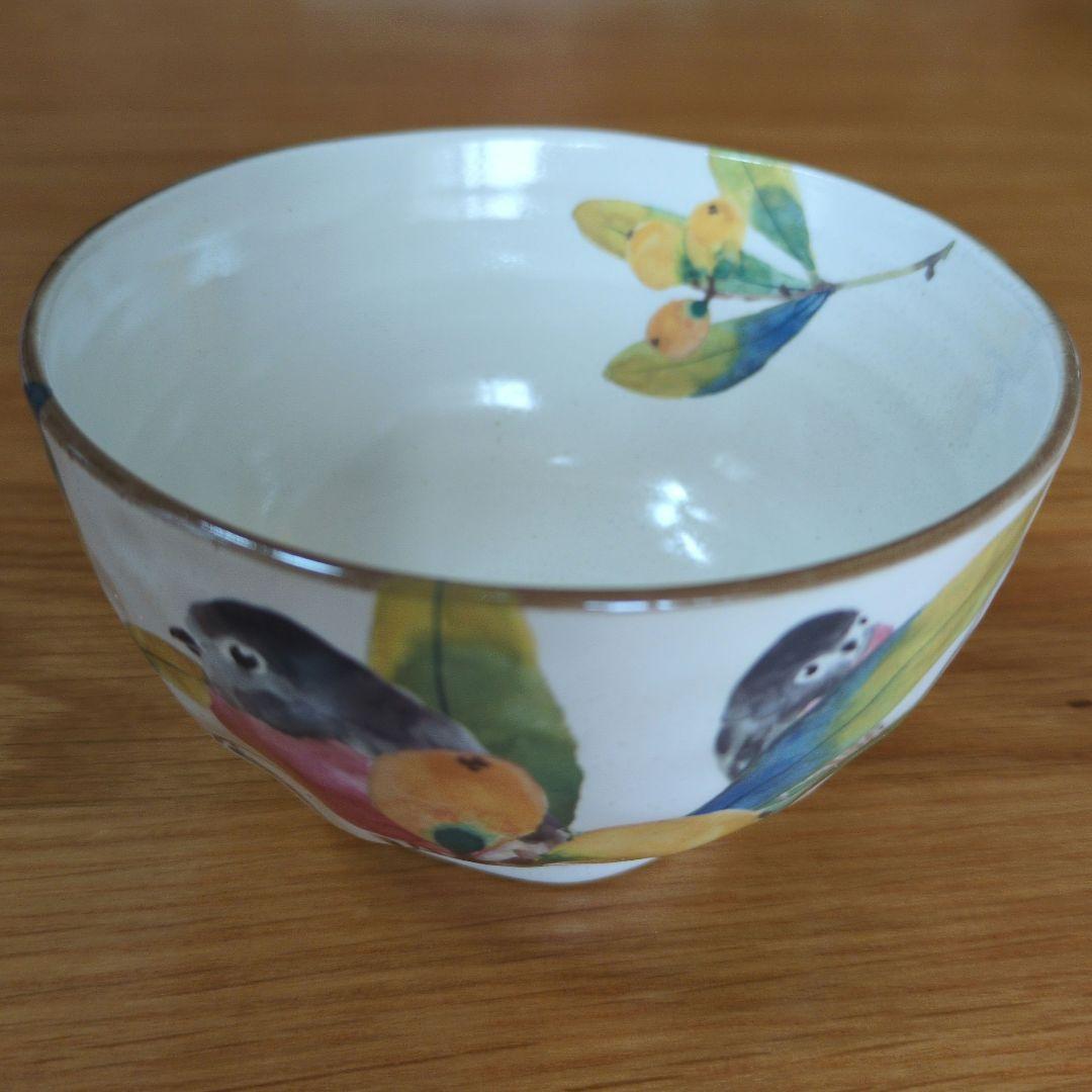 【未使用】セラミック藍 百千鳥 飯碗揃 茶碗 5客 野鳥／シマエナガ／食器