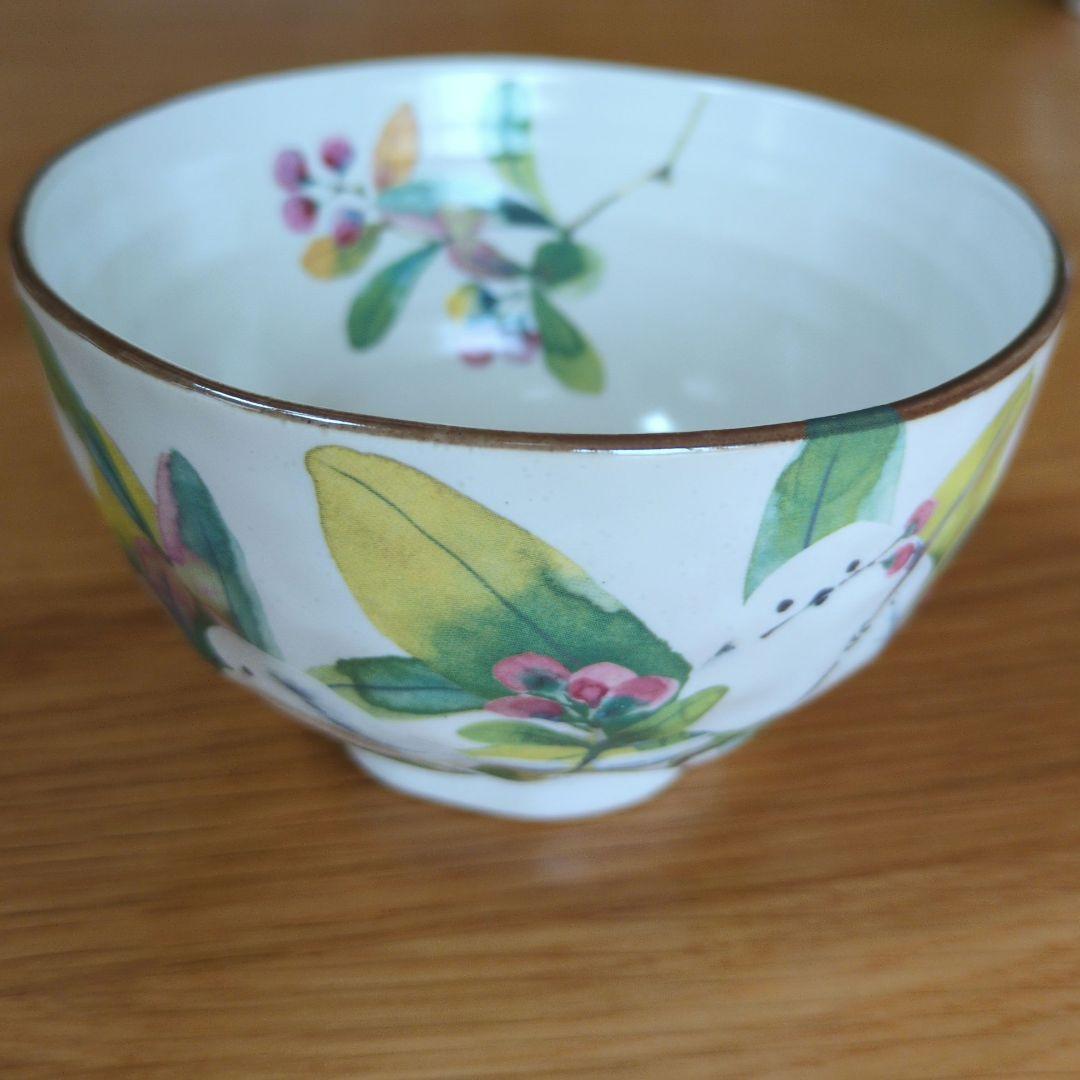 【未使用】セラミック藍 百千鳥 飯碗揃 茶碗 5客 野鳥／シマエナガ／食器