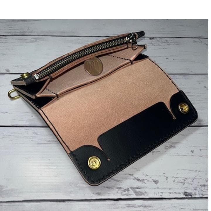 ④ミドルトラッカーウォレット/姫路レザー茶芯黒色/ホック真鍮/小判カン真鍮