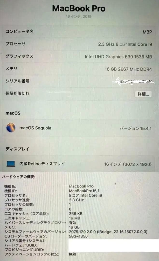 ワンオーナーMacBook Pro 16インチ i9 1TB