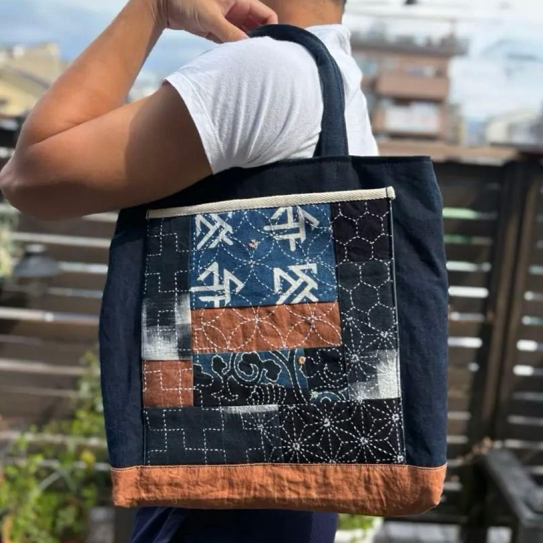 藍染古布と柿渋染の刺し子パッチワークトートバッグ　メンズライク
