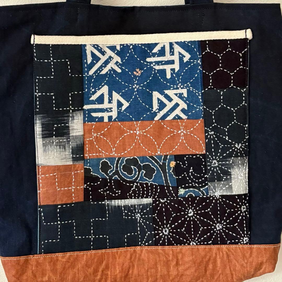 藍染古布と柿渋染の刺し子パッチワークトートバッグ　メンズライク