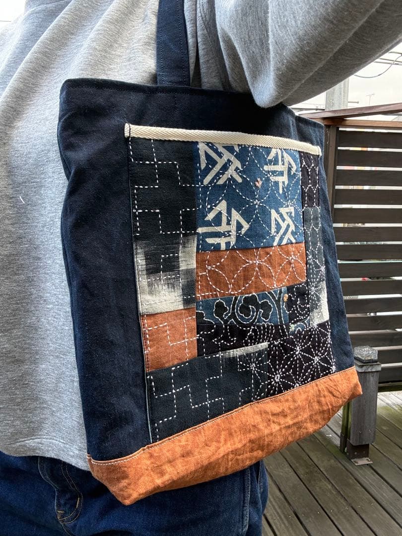 藍染古布と柿渋染の刺し子パッチワークトートバッグ　メンズライク