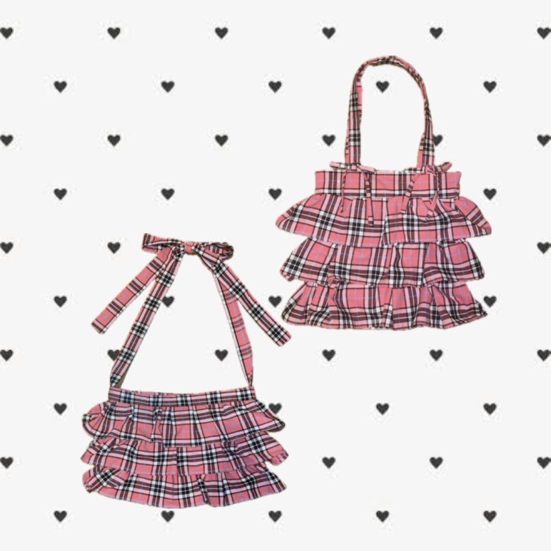 フリルバッグ　ピンク　チェック　リボン　ショルダーバッグ　ハンドメイド