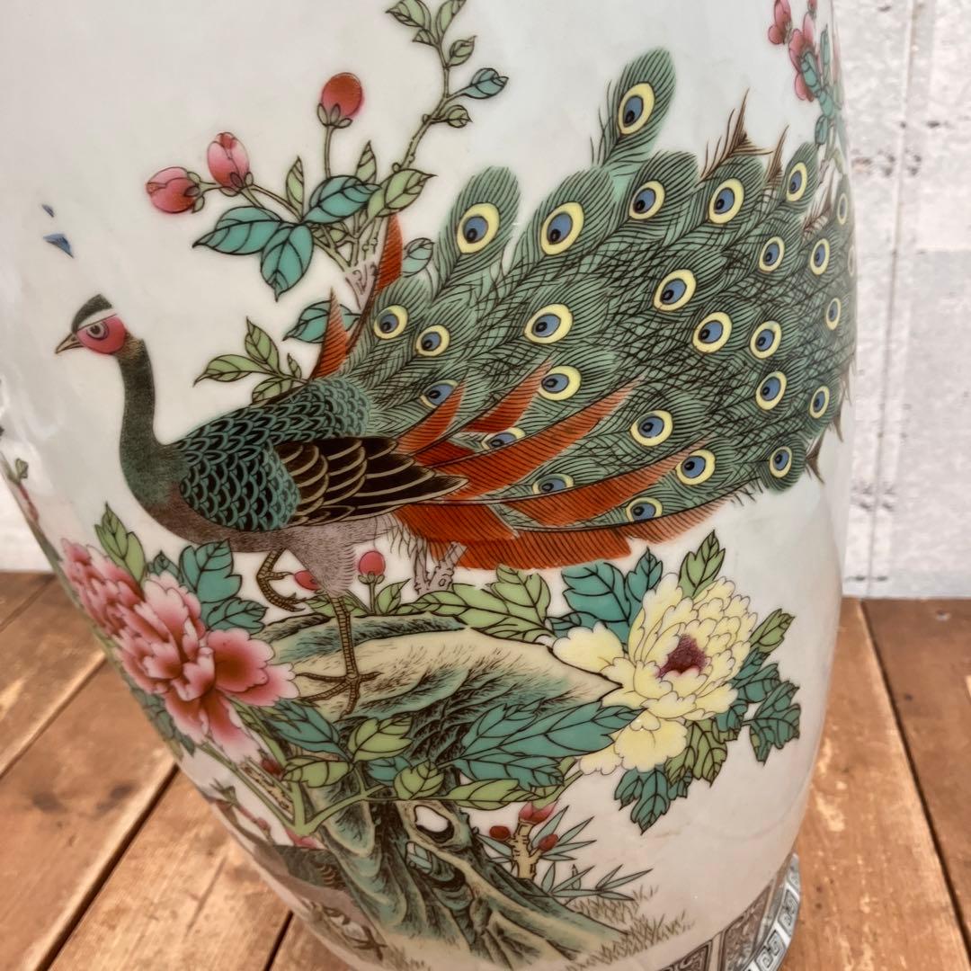 昭和レトロ 中国 景徳鎮 花瓶 花器 華道 フラワーベース 孔雀 花柄