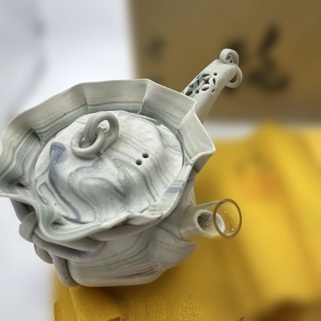 【共箱・布・説明書付き】萬古焼 貴山作 手造り練込 茶瓶 急須 茶道具