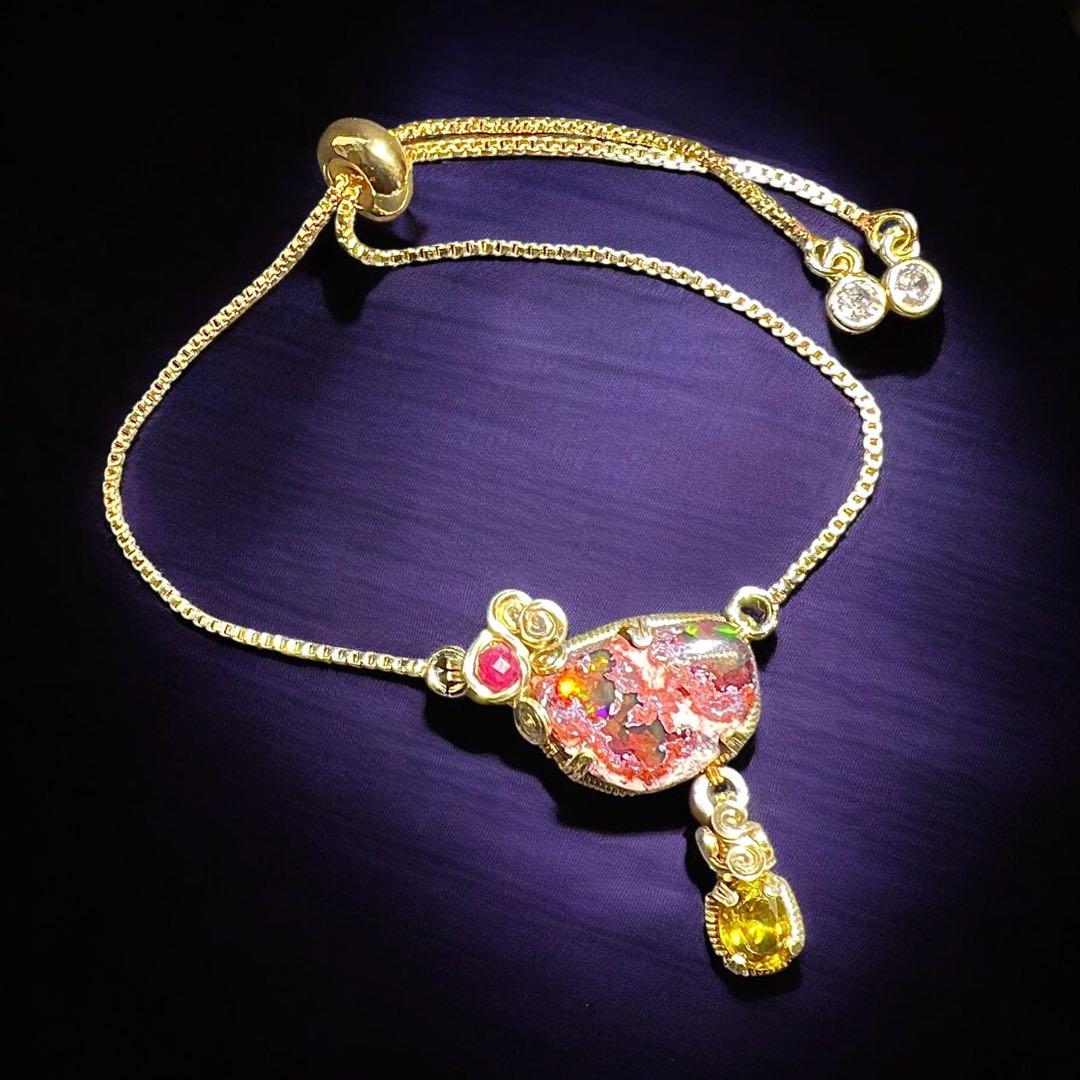 天然石　カンテラオパール＆スフェーン　スライドチェーンブレスレット　14kgf