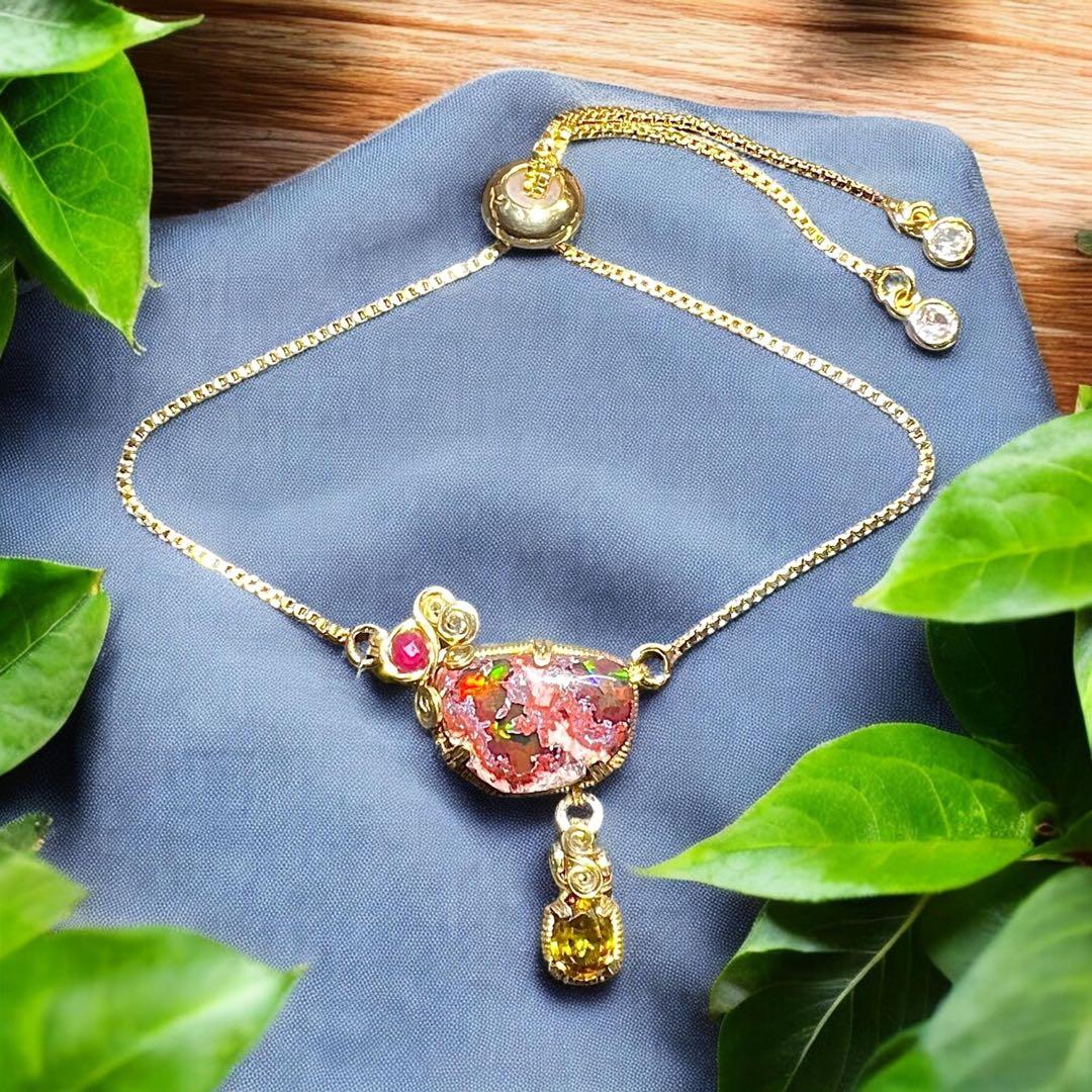 天然石　カンテラオパール＆スフェーン　スライドチェーンブレスレット　14kgf