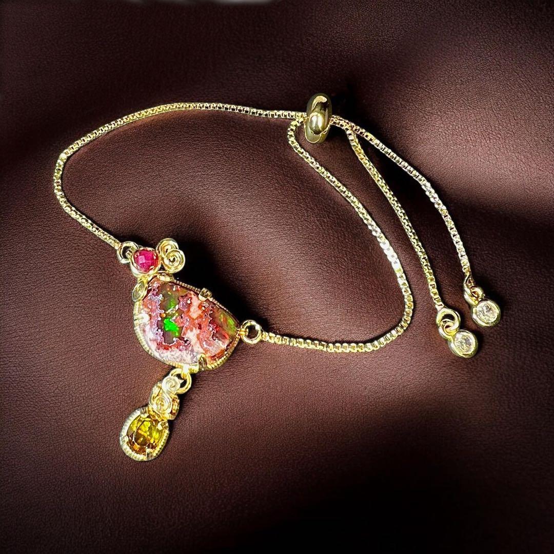 天然石　カンテラオパール＆スフェーン　スライドチェーンブレスレット　14kgf