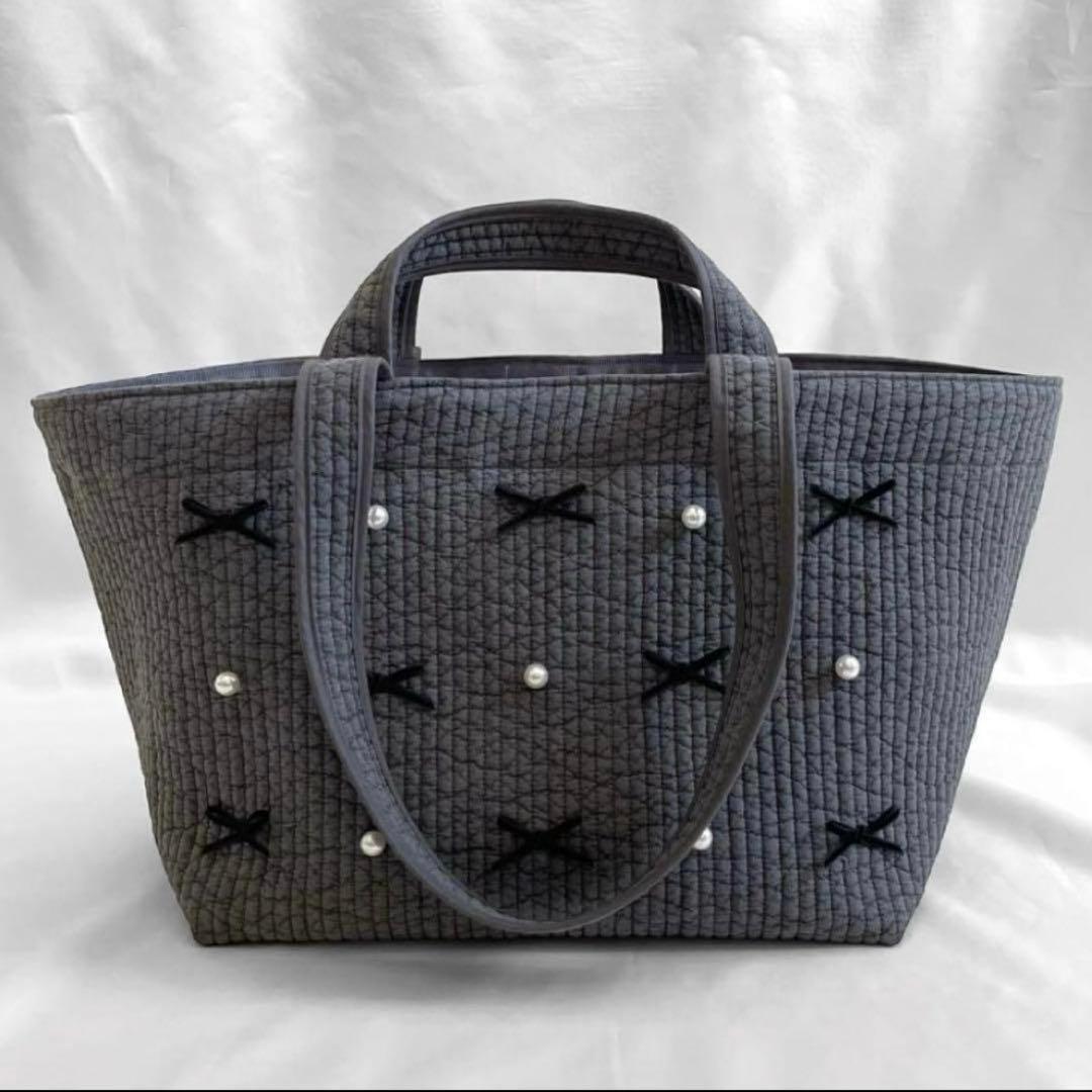 ヌビバッグ⭐︎ガーデン　リボン　ダークグレー　ダブルハンドル底板付♡隠しマグネット