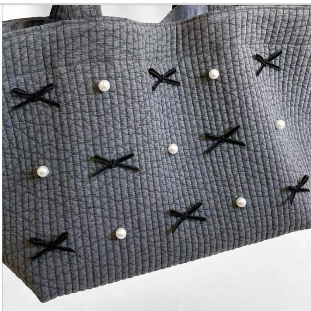 ヌビバッグ⭐︎ガーデン　リボン　ダークグレー　ダブルハンドル底板付♡隠しマグネット