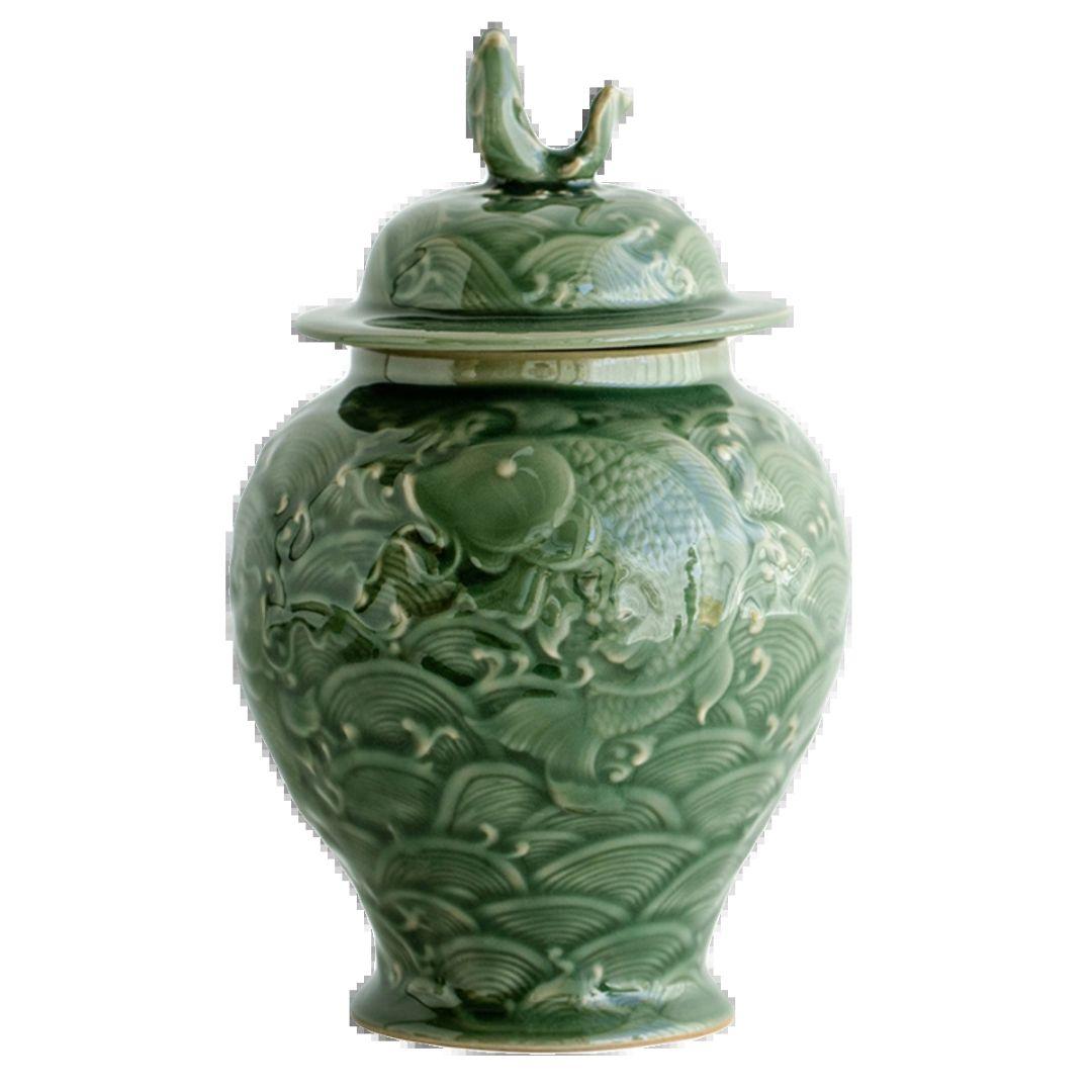 中国美術 青磁浮彫り錦鯉茶筒 茶器 茶入れ 青磁 茶道具 新品未使用